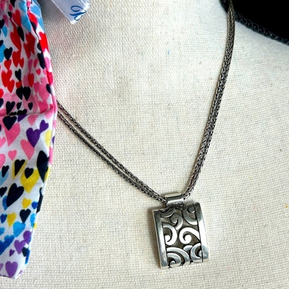 Brighton Deco Lace Necklace Silver Plated Scroll Design Double Chain & Cloth Bag - Picture 1 of 9